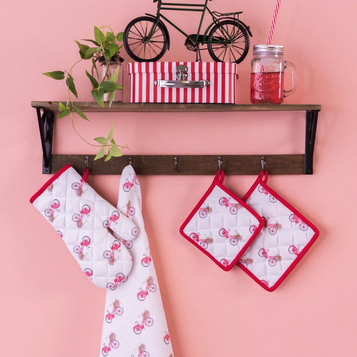 Clayre & Eef Theedoek  50x70 cm Rood Wit Katoen Fiets Keukenhanddoek
