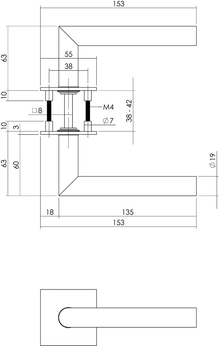 Intersteel Deurkruk Hoek 90° op vierkant magneet rozet rvs geborsteld