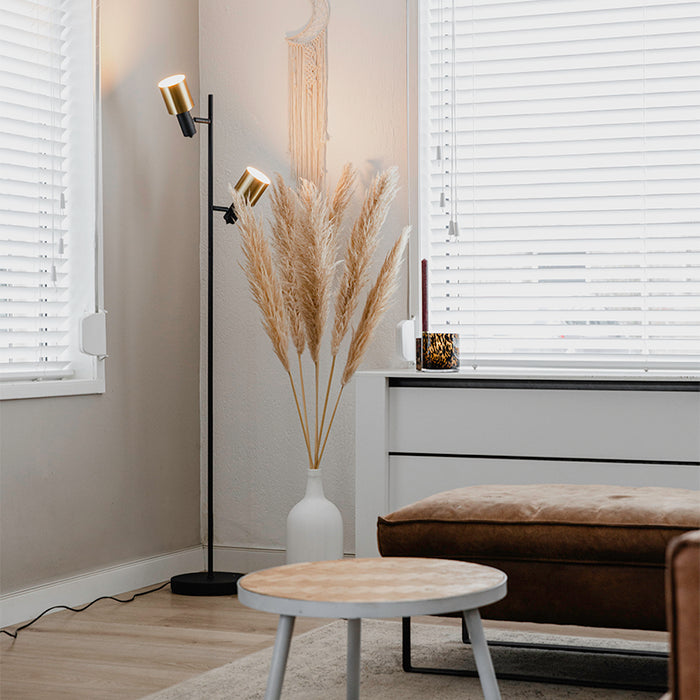 QAZQA Design vloerlamp zwart met goud 2-lichts - Stijn