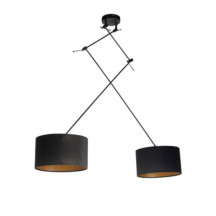 QAZQA Hanglamp zwart met velours kappen zwart met goud 35 cm 2-lichts