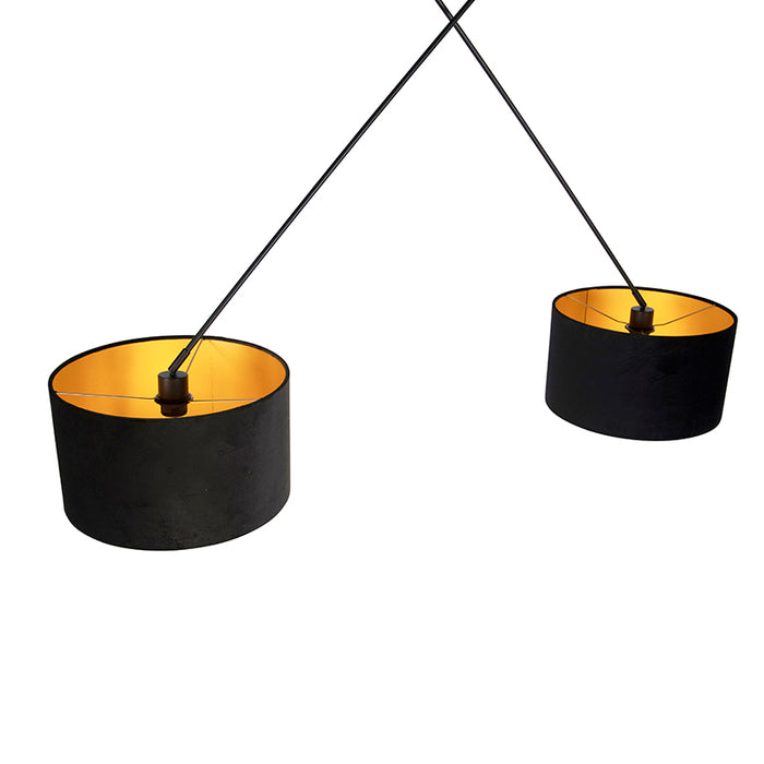 QAZQA Hanglamp zwart met velours kappen zwart met goud 35 cm 2-lichts