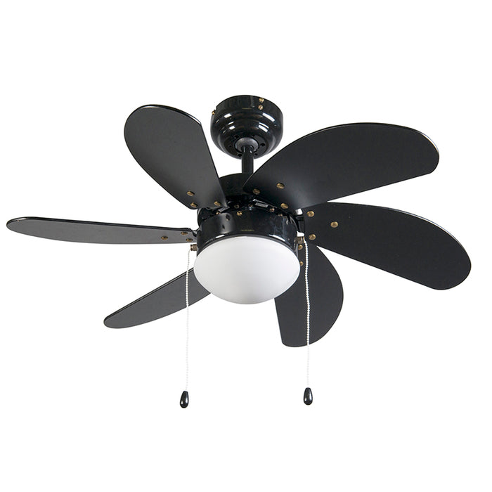 QAZQA Plafondventilator zwart met hout print 80cm met trekschakelaar