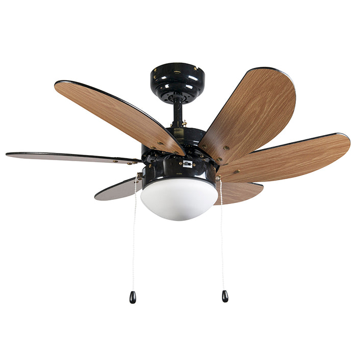 QAZQA Plafondventilator zwart met hout print 80cm met trekschakelaar