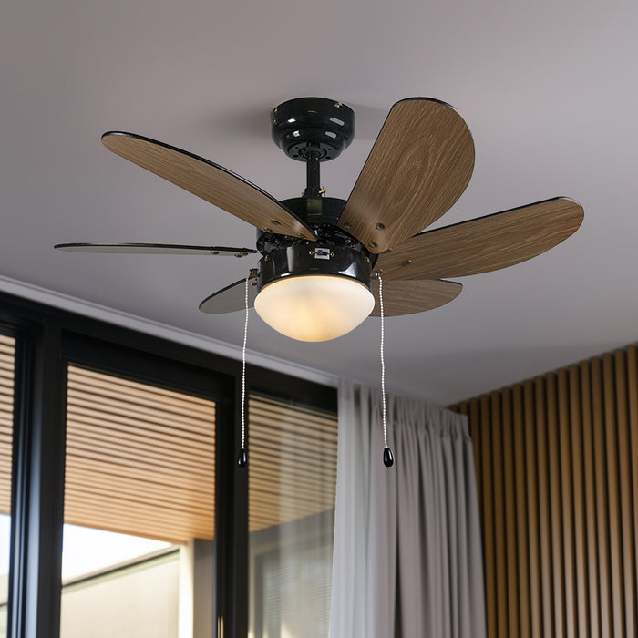 QAZQA Plafondventilator zwart met hout print 80cm met trekschakelaar