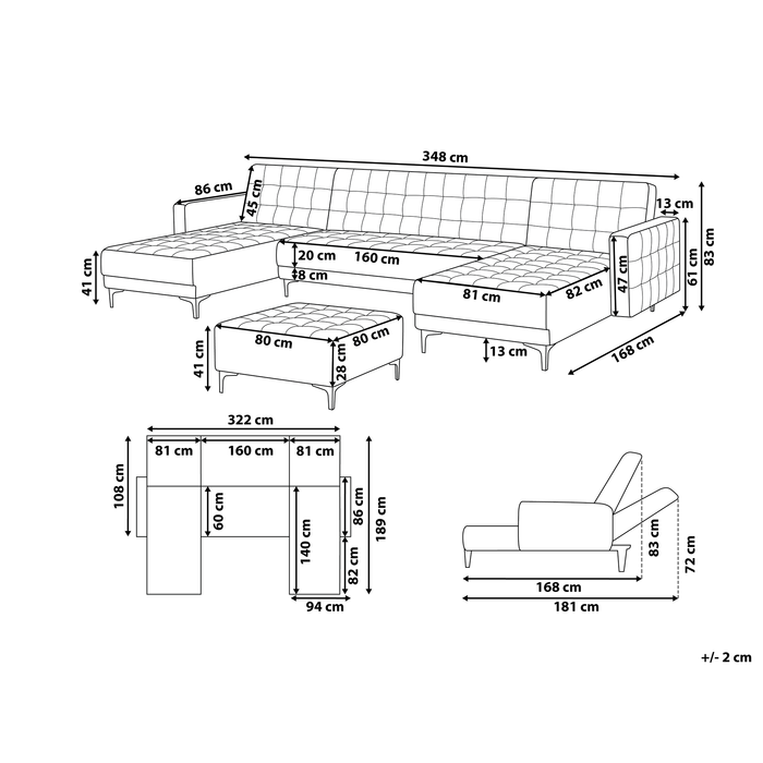 Beliani-ABERDEEN-Bank U-vormig met hocker voor 5-Marineblauw- Fluweel