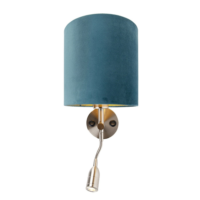 QAZQA Wandlamp staal met leeslamp en kap velours 20|20|20 blauw