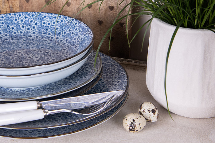 Clayre & Eef Ontbijtbord  Ø 21 cm Blauw Keramiek Rond Bloemen Bord