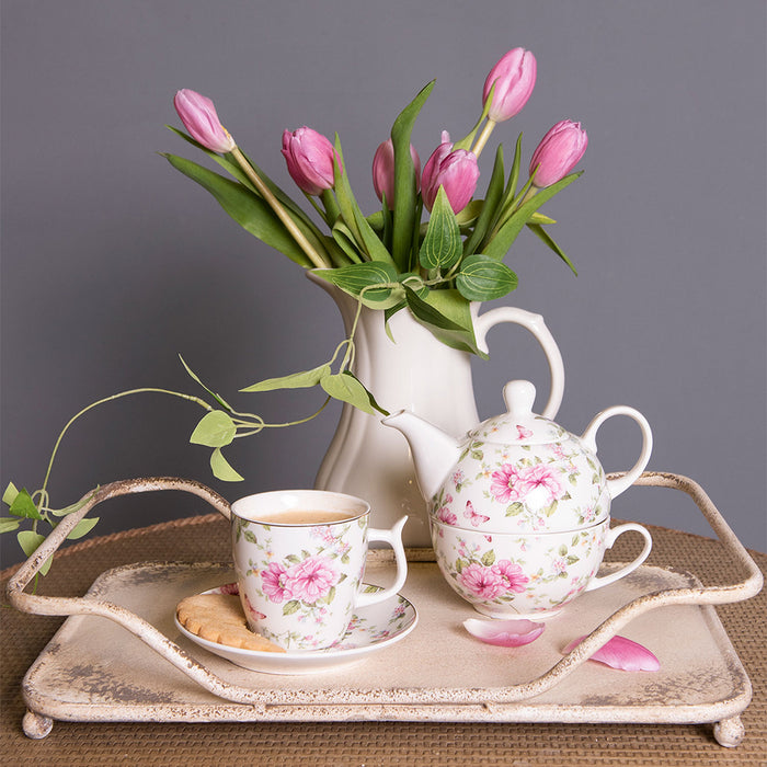 Clayre & Eef Tea for One  400 ml | 250 ml Roze Wit Porselein Bloemen
