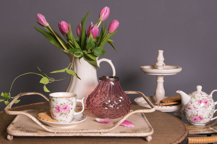 Clayre & Eef Tea for One  400 ml | 250 ml Roze Wit Porselein Bloemen