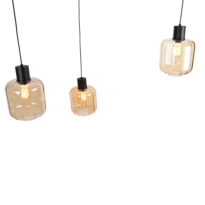QAZQA Design hanglamp zwart met amber glas 3-lichts 226 cm - Qara