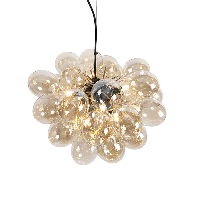 QAZQA Art Deco hanglamp zwart met Amber glas 8-lichts - Uvas