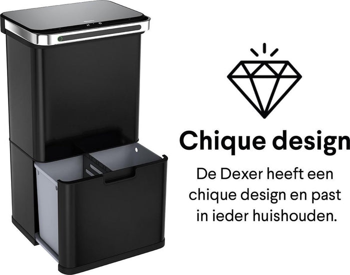 Homra DEXER prullenbak met sensor - 60L - 4 vakken - Zwart