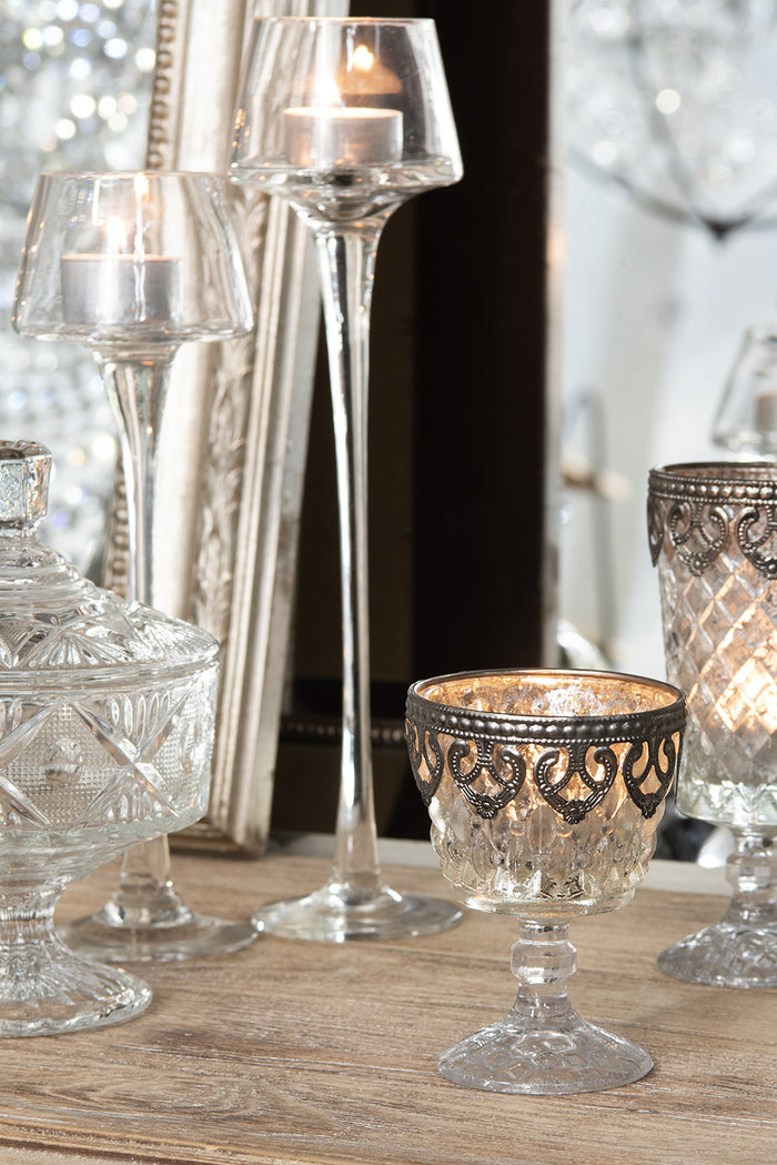 Clayre & Eef Theelichthouder  Ø 8x16 cm Zilverkleurig Glas Metaal