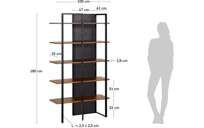 Kave Home - Nadyria plank in notenhoutfineer en staal met zwarte