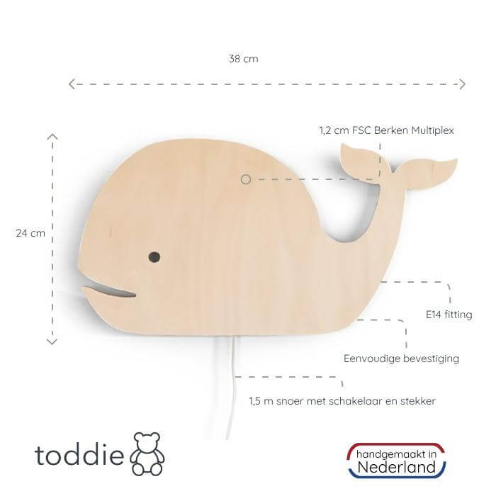 Houten wandlamp kinderkamer | Walvis - blank