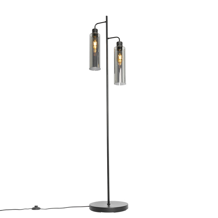 QAZQA Moderne vloerlamp zwart met smoke glas 2-lichts - Stavelot