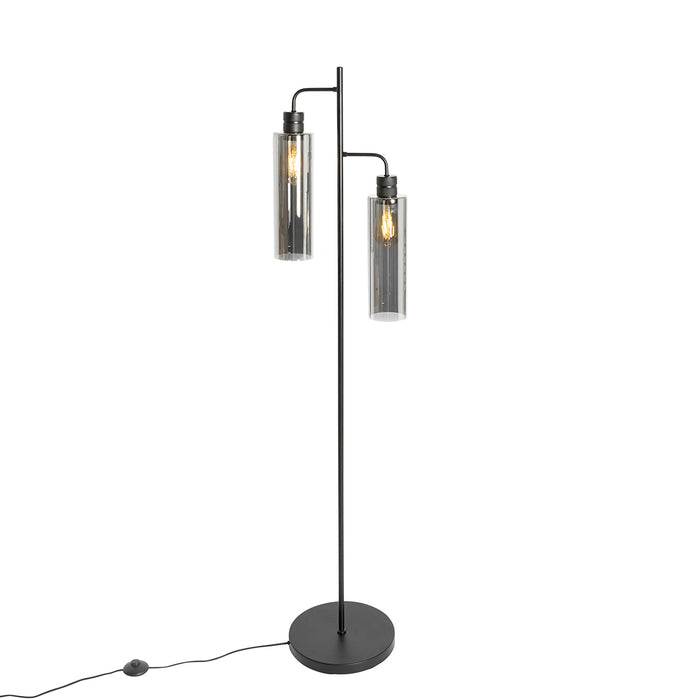 QAZQA Moderne vloerlamp zwart met smoke glas 2-lichts - Stavelot