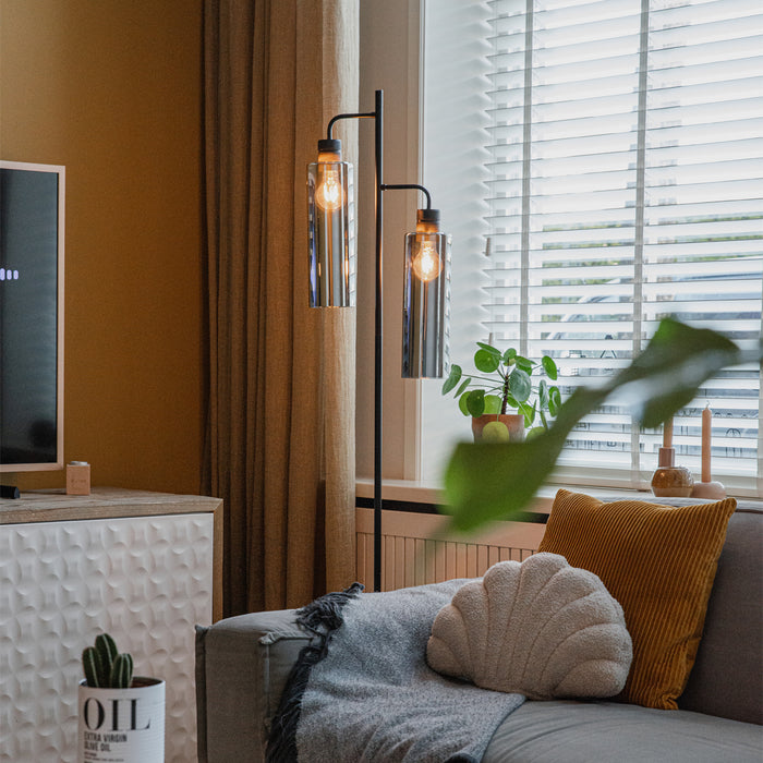 QAZQA Moderne vloerlamp zwart met smoke glas 2-lichts - Stavelot