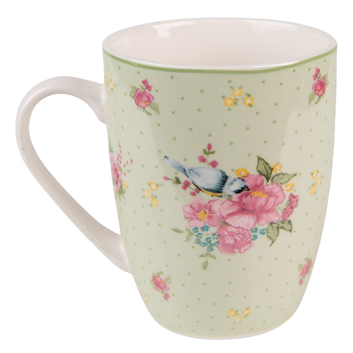 Clayre & Eef Mok  300 ml Groen Beige Porselein Bloemen Theemok