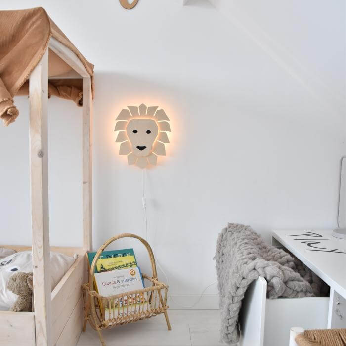 Houten wandlamp kinderkamer | Leeuw - blank