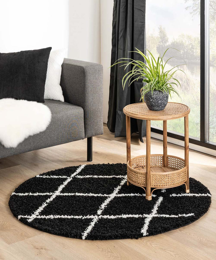 Boho&me Rond hoogpolig vloerkleed ruiten Habitat - zwart|wit - 160 cm