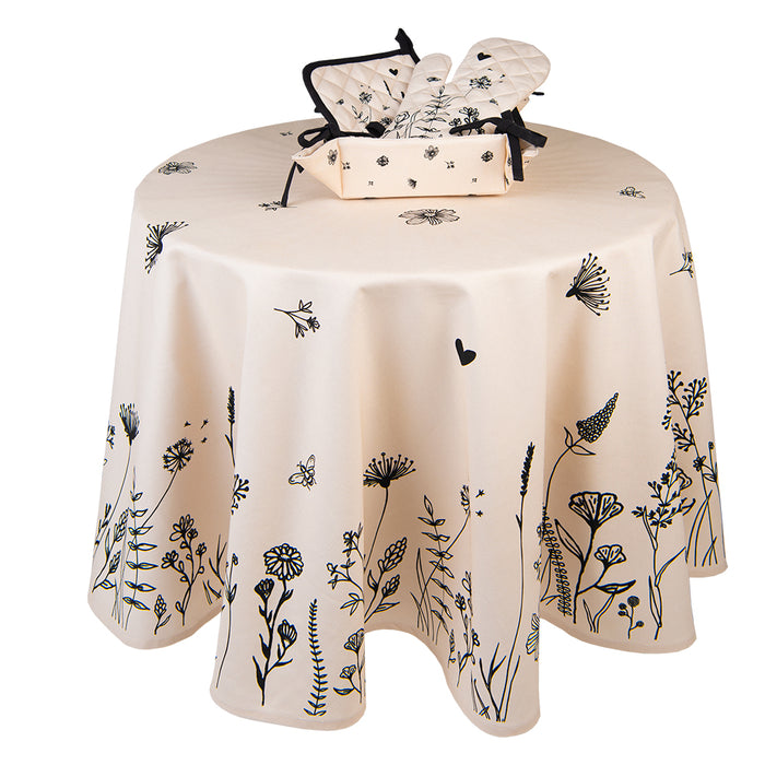 Clayre & Eef Tafelkleed  Ø 170 cm Beige Zwart Katoen Bloemen