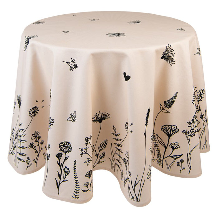 Clayre & Eef Tafelkleed  Ø 170 cm Beige Zwart Katoen Bloemen