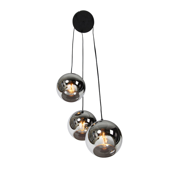 QAZQA Art deco hanglamp zwart met smoke glas 3-lichts - Wallace