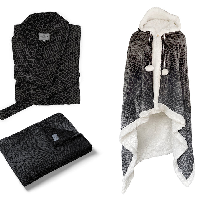 LINNICK Flanel Fleece Deken Snake - zwart|antraciet - 140x200cm