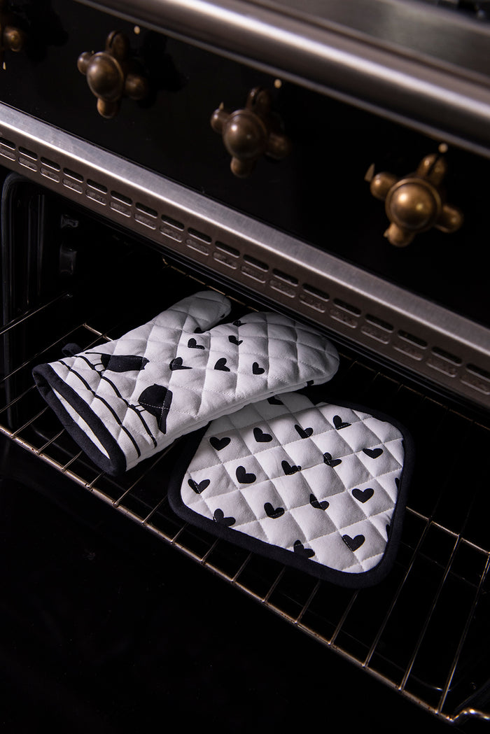 Clayre & Eef Kind pannenlap  16x16 cm Wit Zwart Katoen Harten Vogels