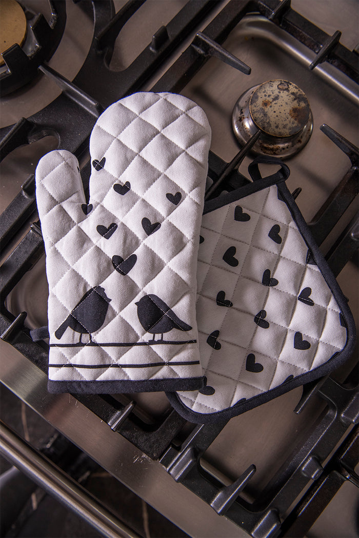 Clayre & Eef Ovenwant 18x30 cm Wit Zwart Katoen Harten Vogels