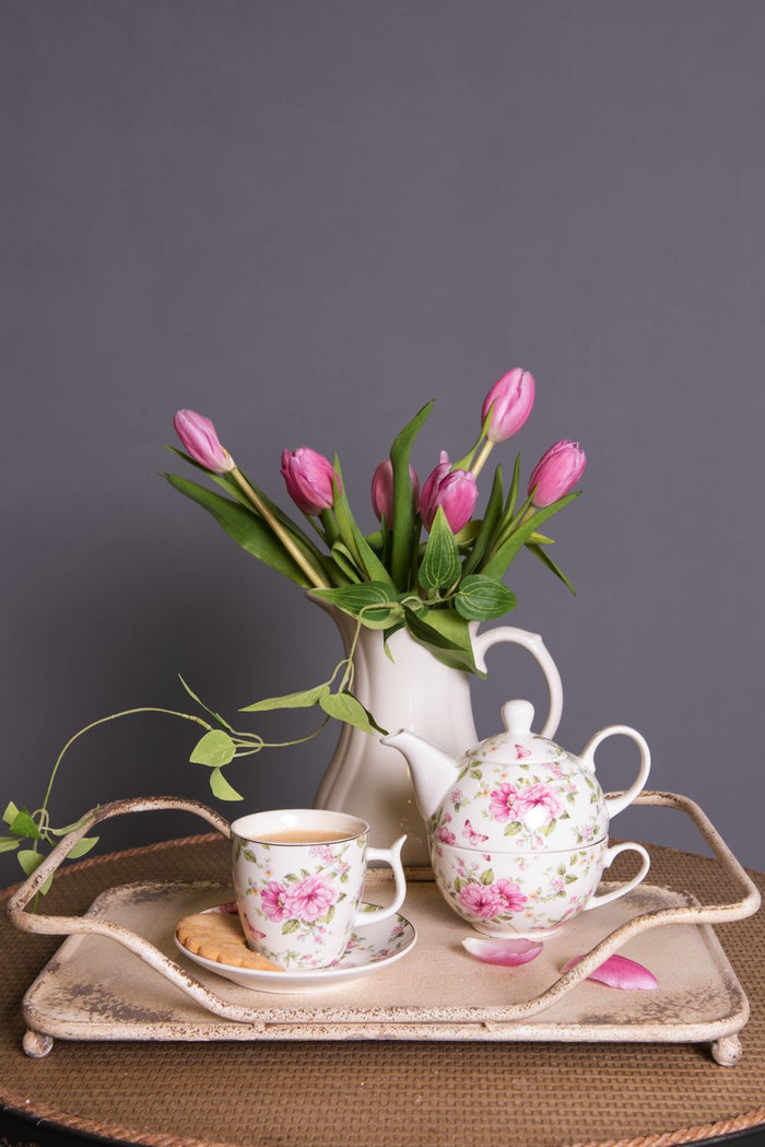 Clayre & Eef Tea for One  400 ml | 250 ml Roze Wit Porselein Bloemen