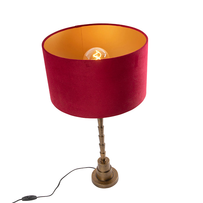 QAZQA Art Deco tafellamp brons velours kap rood 35 cm - Pisos