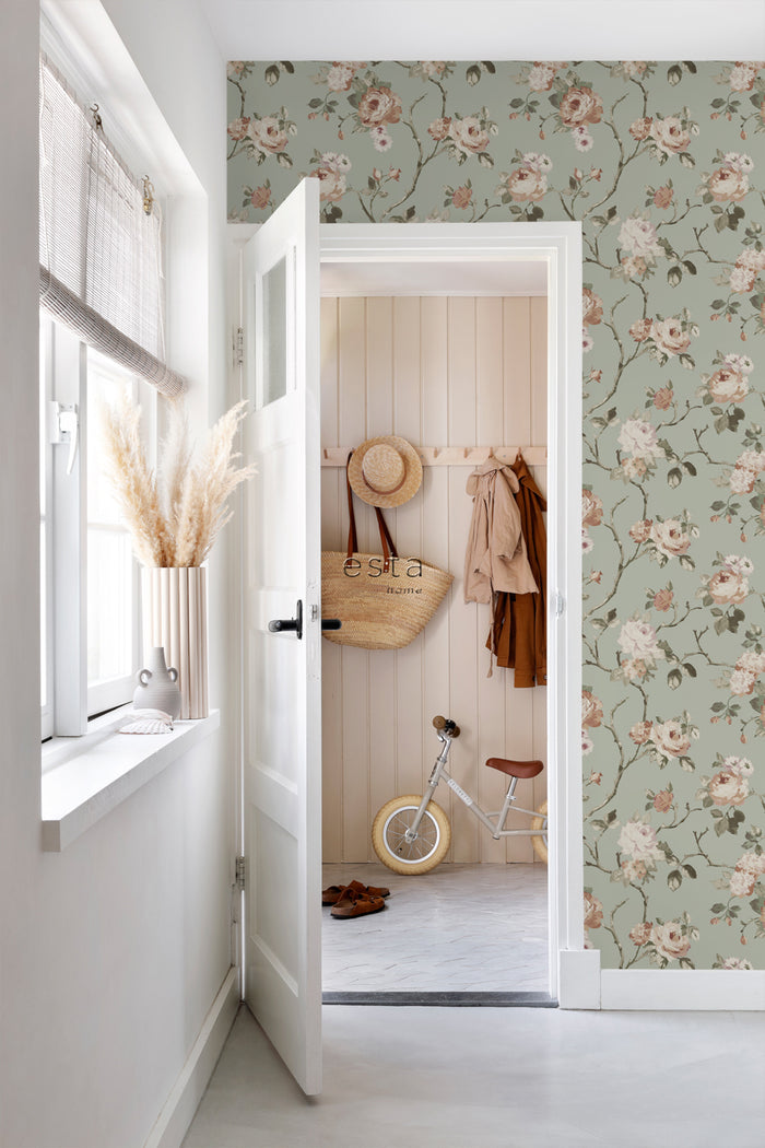 ESTAhome behang vintage bloemen vergrijsd mintgroen en zacht roze - 0.