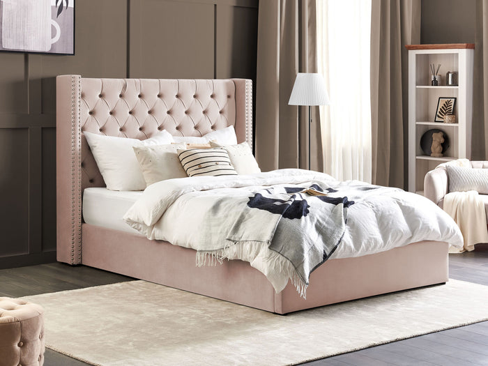 Beliani-LUBBON -Bed met opbergruimte-Pastelroze-160 x 200 cm-Fluweel