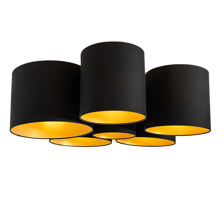 QAZQA Plafondlamp zwart met gouden binnenkant 6-lichts - Multidrum