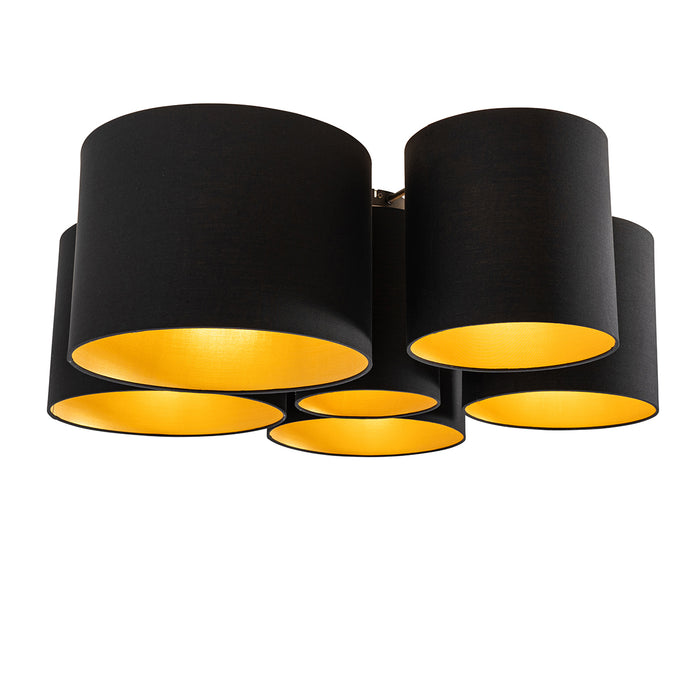 QAZQA Plafondlamp zwart met gouden binnenkant 6-lichts - Multidrum