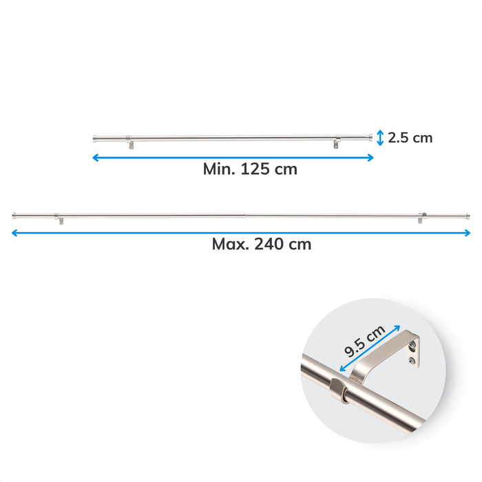 Gordijnroede voor Gordijnen - Uitschuifbare Gordijn Rail - Stang van 125-240 cm - Zilver