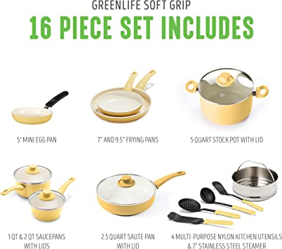 GreenLife Soft Grip 16-delige set met antiaanbaklaag, geel