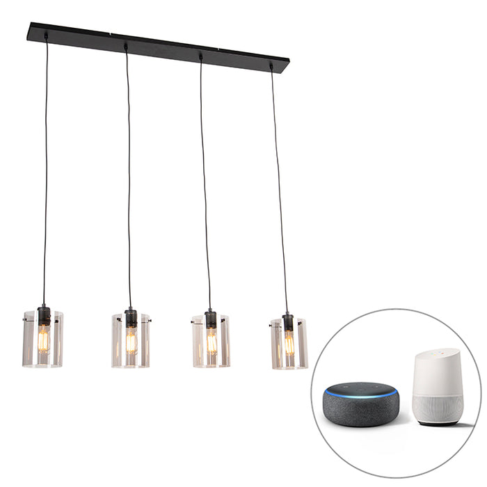 QAZQA Smart hanglamp zwart met smoke glas incl. 4 Wifi ST64 - Dome