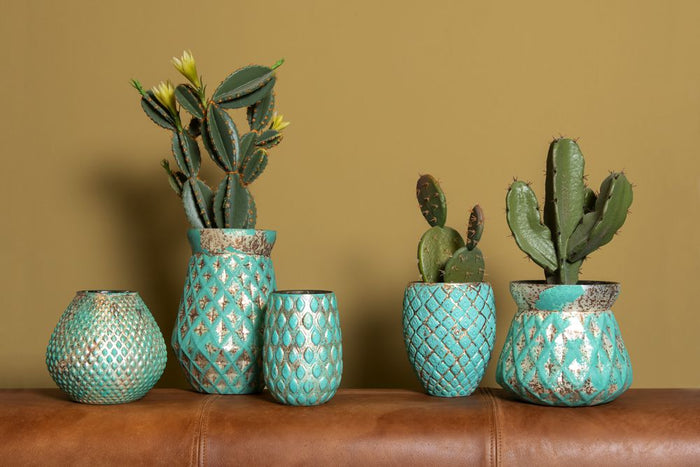 Clayre & Eef Vaas Ø 18x23 cm Turquoise Glas Rond Glazen Vaas Decoratie