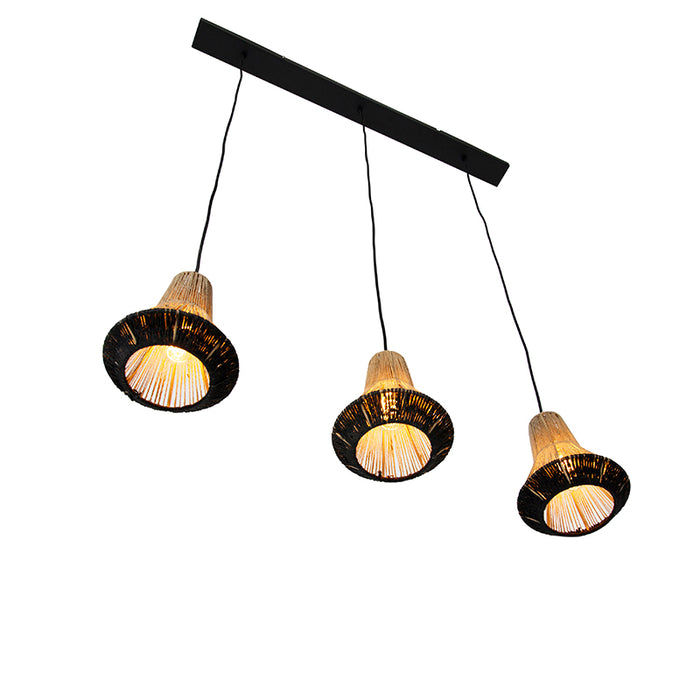 QAZQA Landelijke hanglamp zwart met touw 19 cm 3-lichts - Jenthe