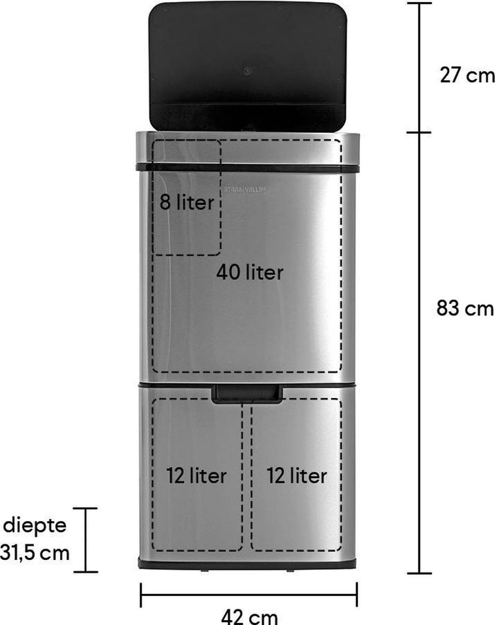 StangVollby Lunden Prullenbak met sensor - 3 vakken - 72L - RVS