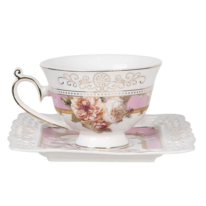 Clayre & Eef Kop en schotel  200 ml Roze Wit Porselein Rond Bloemen