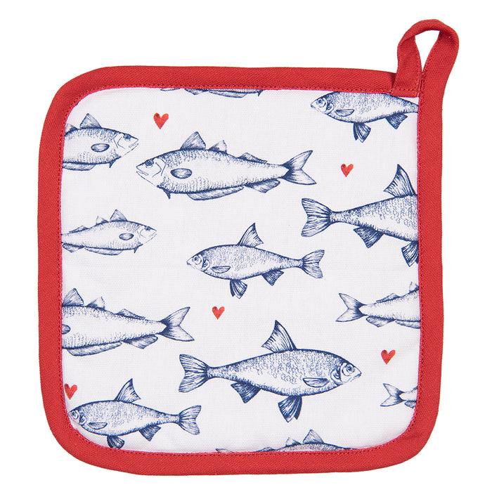 Clayre & Eef Pannenlap 20x20 cm Wit Blauw Katoen Vissen