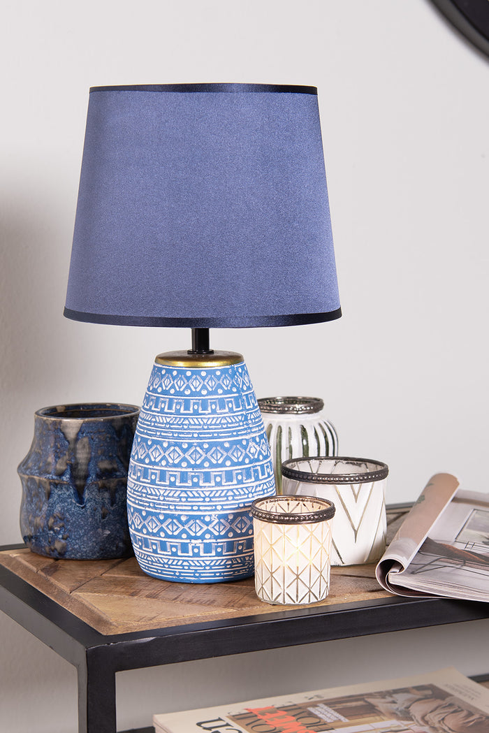 Clayre & Eef Tafellamp  Ø 20x35 cm  Blauw Wit Keramiek Rond Bureaulamp