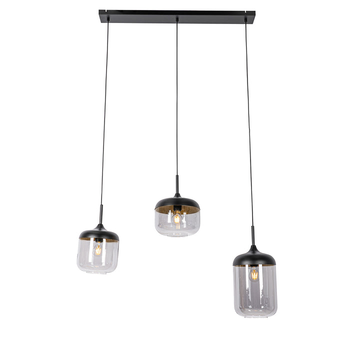 QAZQA Design hanglamp zwart met goud en smoke glas 3-lichts - Kyan