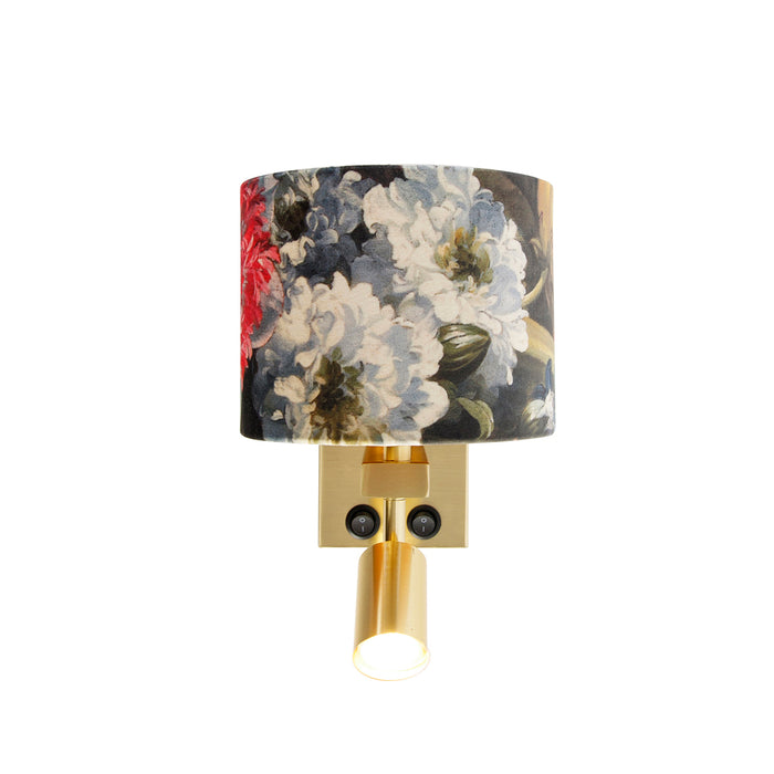 QAZQA Wandlamp messing met leeslamp en kap 18 cm bloemen - Brescia