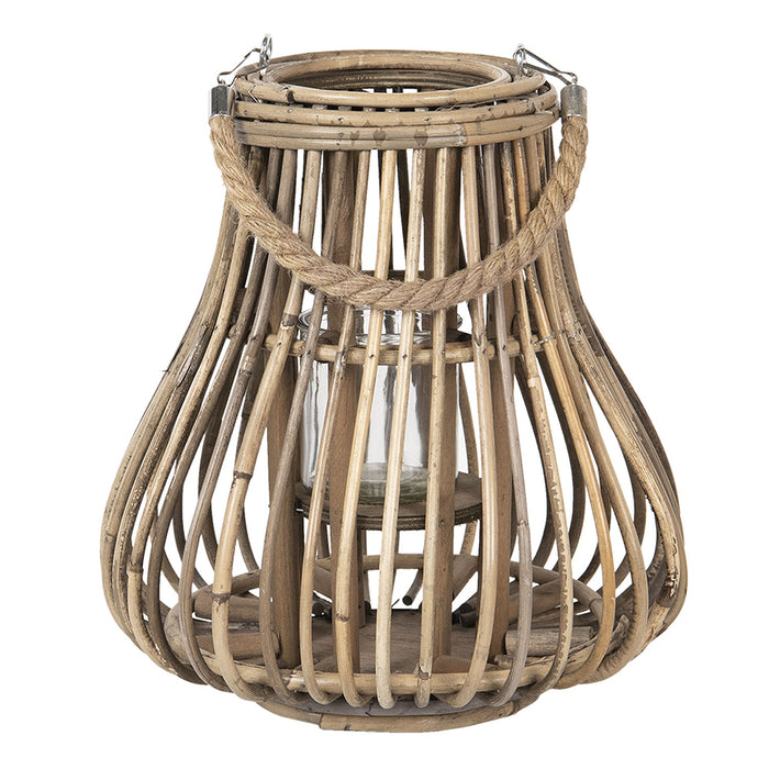 Clayre & Eef Windlicht  Ø 27x30 cm Beige Hout Glas Rond Kaarsenhouder