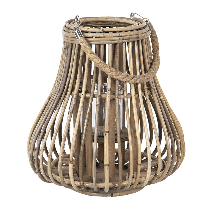Clayre & Eef Windlicht  Ø 27x30 cm Beige Hout Glas Rond Kaarsenhouder